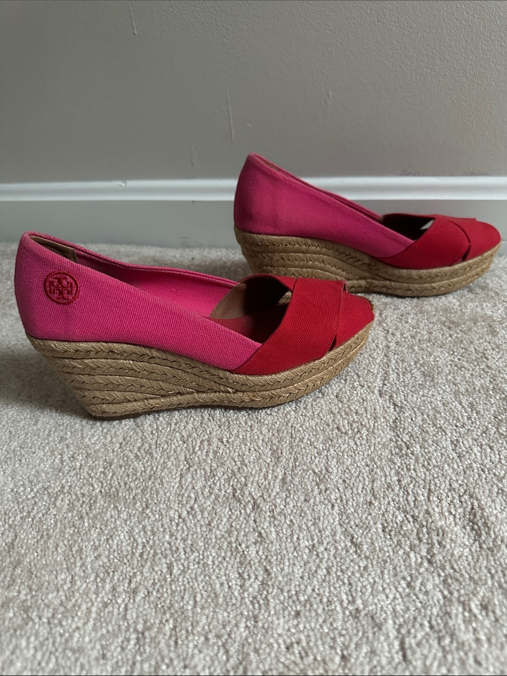Tory Burch Pink & Red Wedge Espadrille Peep-Toe